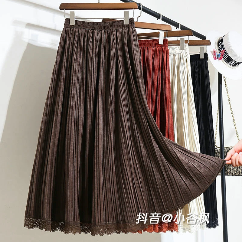 日系复古丝绒蕾丝边百褶半身裙春季2025新款显瘦褶皱丝绒A字长裙