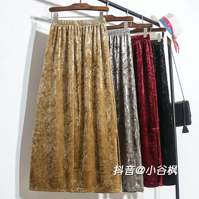 复古慵懒风黄色金丝绒A字半身裙秋冬新款女中长款后开叉裙子长裙