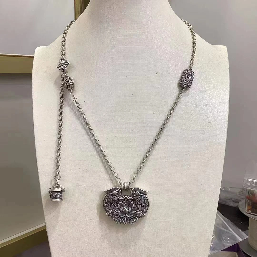 彩云泰 吊坠925银 凤穿牡丹锁套链 足银吊坠 925银链子 秋冬吊坠