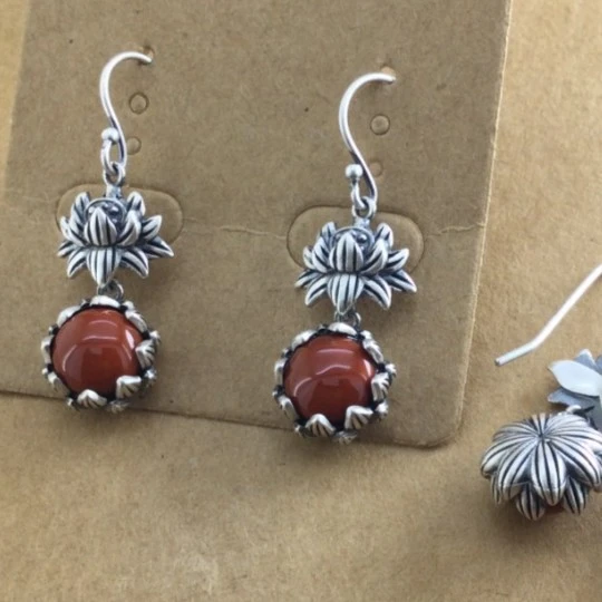 彩云泰 925银耳饰 925银  复古红莲花耳饰古风镶嵌耳钩