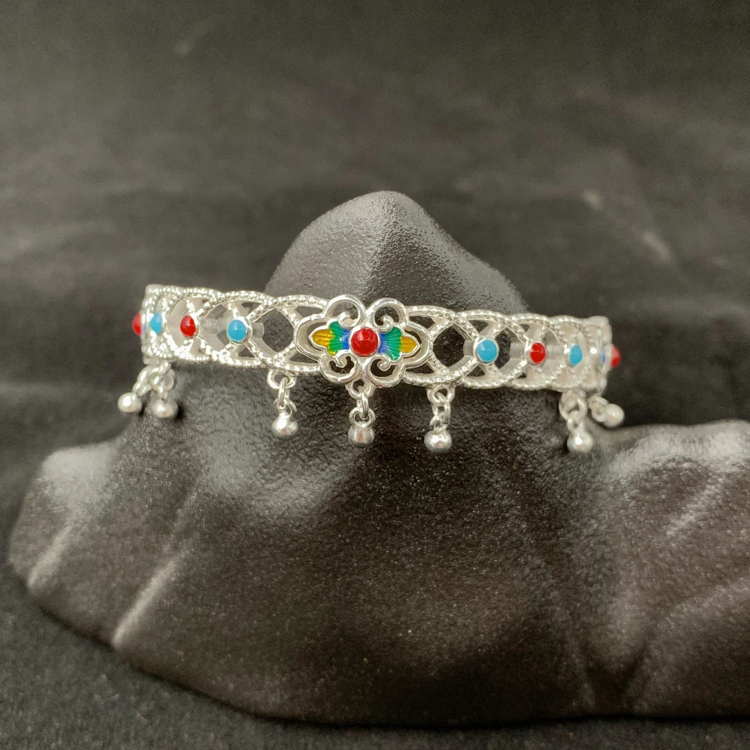 彩云泰 足银手镯 足银999.9 珐琅祥云铃铛花丝镂空手镯 约24克