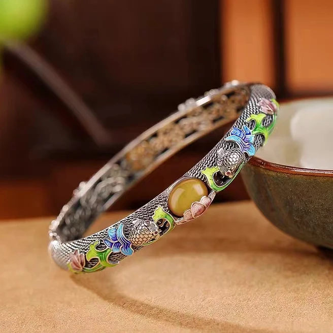 彩云泰 925银手镯 纯银景泰蓝镶嵌手镯 鱼戏莲纯手工传承国潮古风