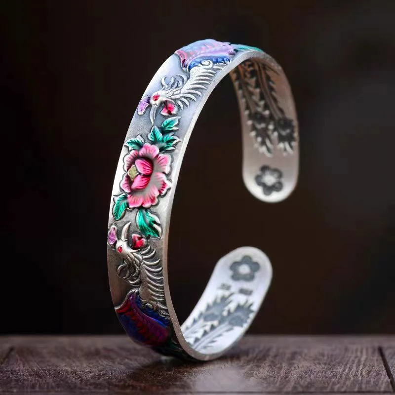 彩云泰 足银手镯 足银 珐琅彩凤穿牡丹手镯 手工复古传承 约33克
