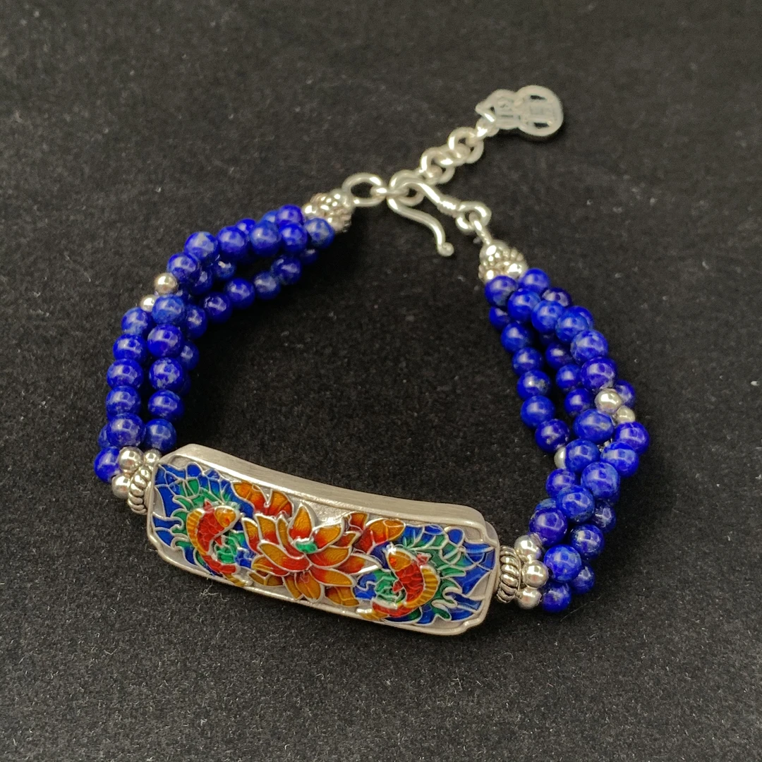 彩云泰 足银手链 珐琅彩鱼戏莲多层手链 精美蓝色重工手作手牌