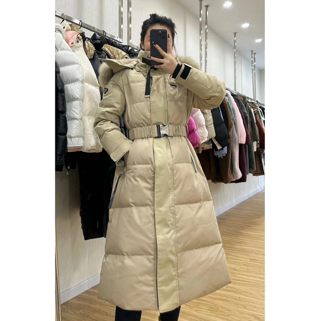 王叉叉-拉达家高定长款腰带连帽长袖羽绒服