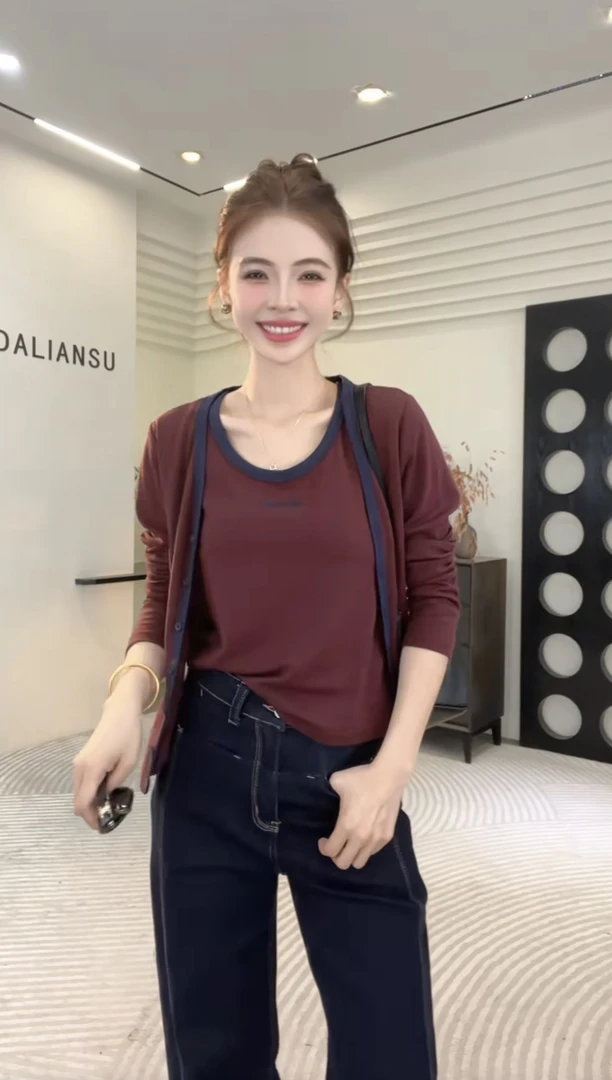 诗诗严选-韩版休闲撞色百搭开衫背心两件套时尚早秋套装000012