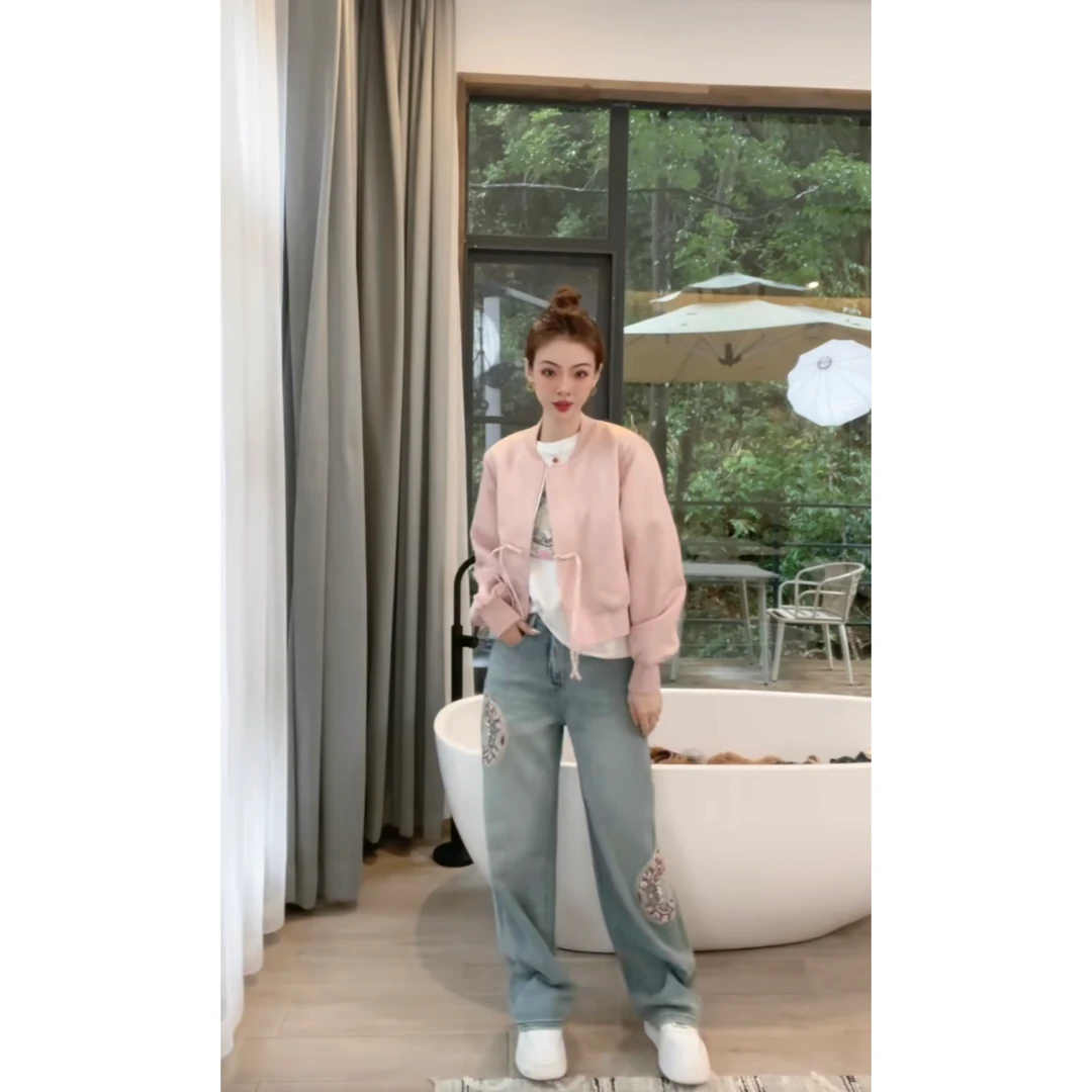 诗诗严选-重工刺绣牛仔直筒裤中式国风百搭高腰窄版阔腿裤5003-1