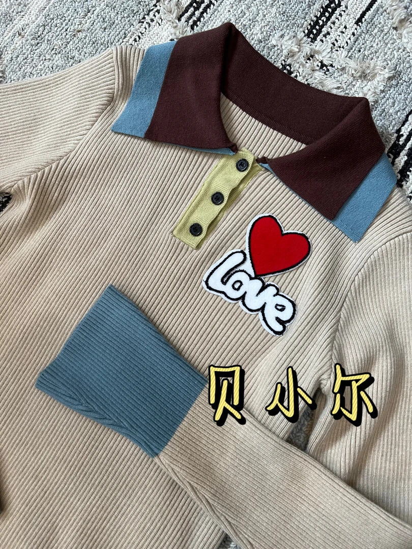 诗诗严选-【一见倾心】欧货爱心长袖针织衫显瘦减龄撞色翻领上衣958