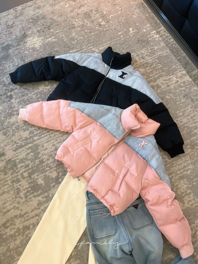 诗诗严选-牛仔拼接短外套字母休闲冬季加厚加绒保暖面包服8871