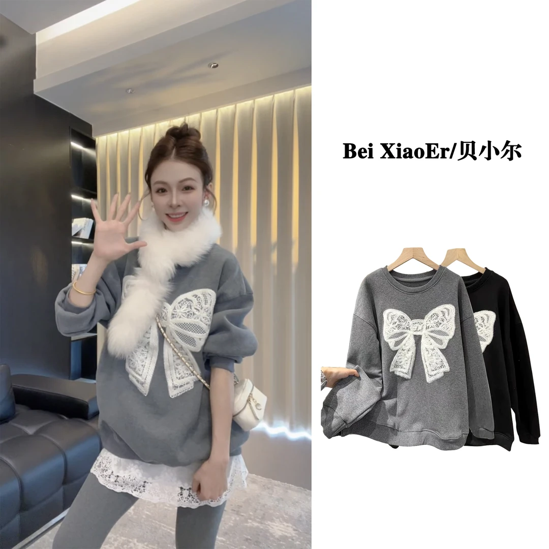 诗诗严选-韩版撞色蝴蝶结卫衣减龄甜美慵懒风套头加绒小衫11285