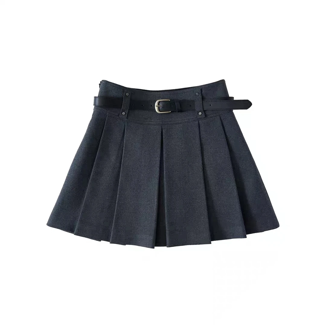 诗诗严选-百搭学院风半身毛呢裙腰带款高腰百褶A字显瘦半身裙529