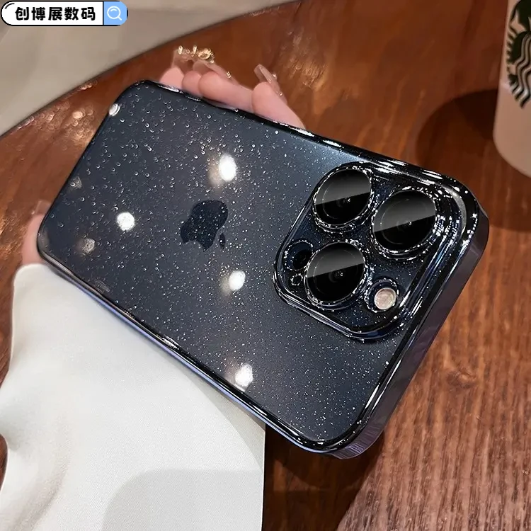 适用苹果15promax简约透明星空闪粉钻14手机壳网红13硬壳镜头全包