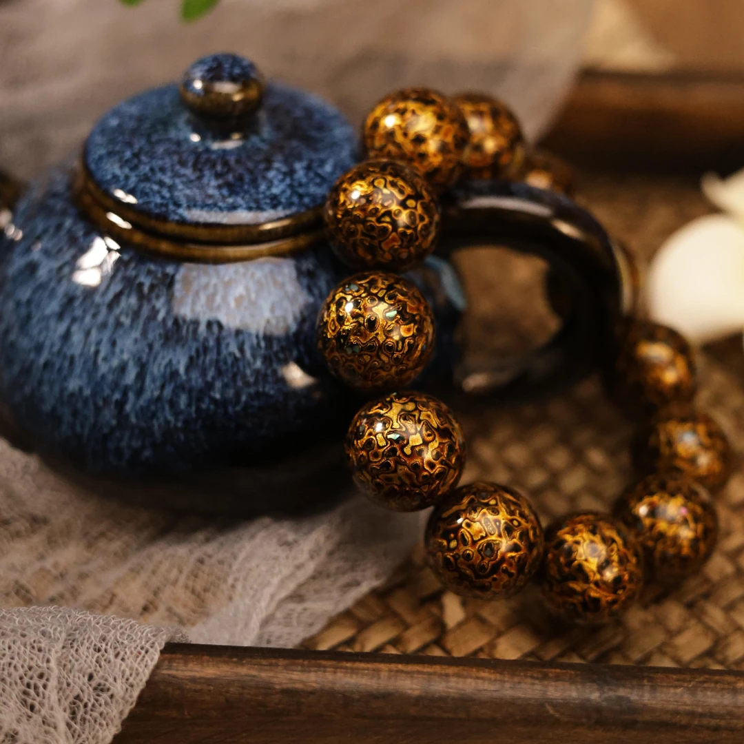 漆韵2.0黑金犀皮大漆珠手串过滤严选传承镶嵌工艺紫光制作手串