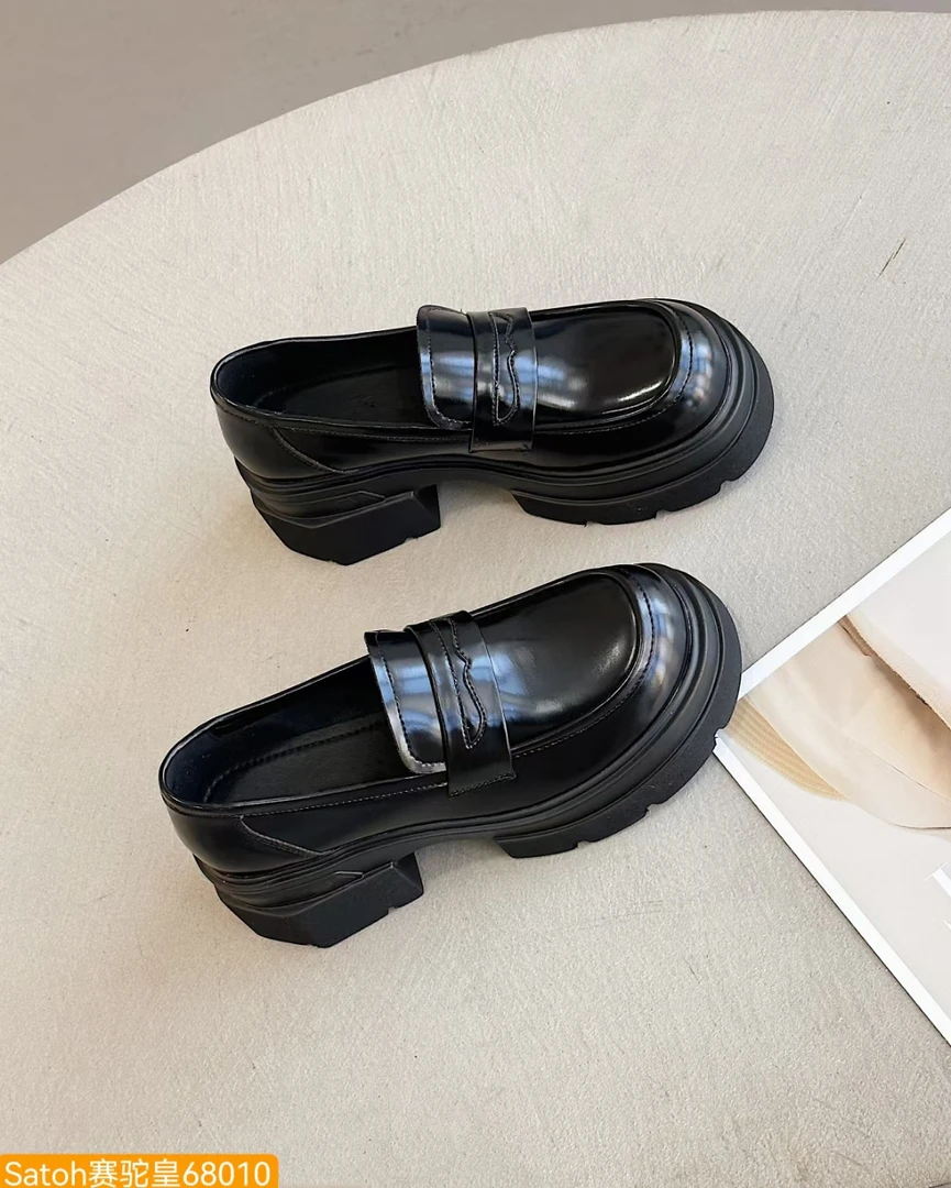 英伦风防滑百搭黑色圆头休闲增高女鞋复古乐福鞋单鞋厚底真皮皮鞋