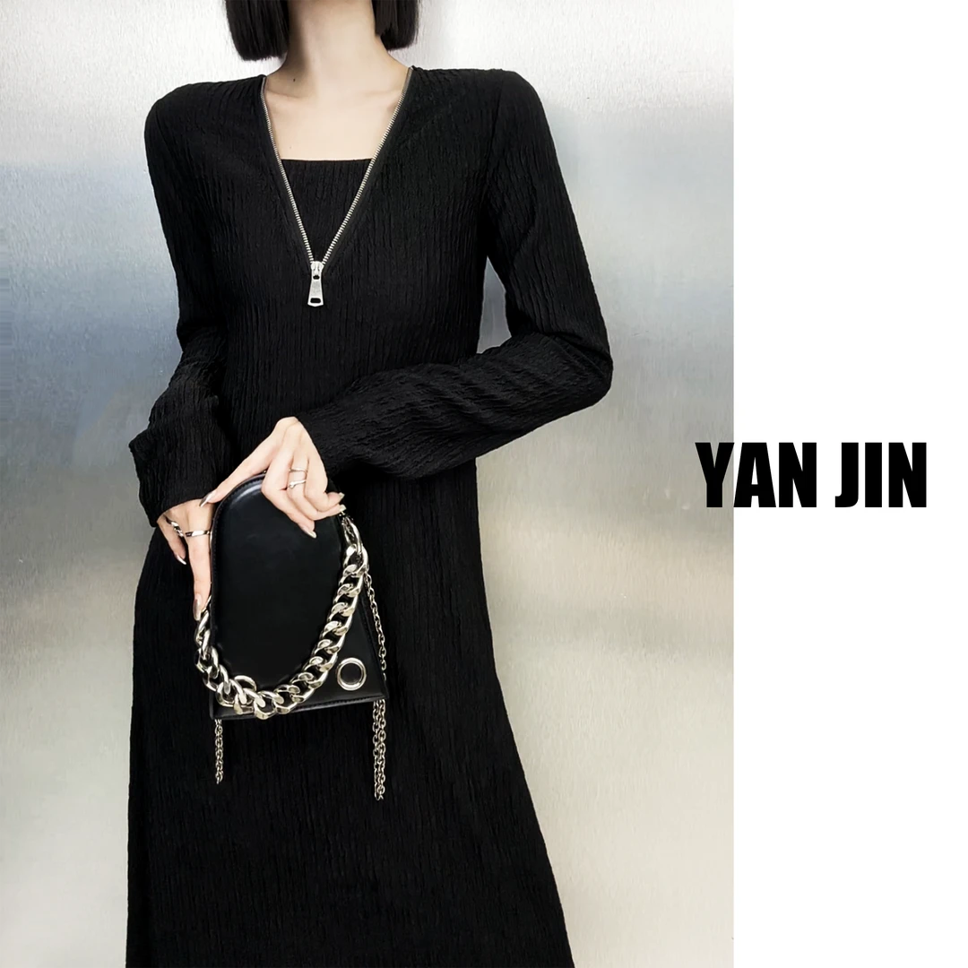 【拉链压皱长袖连衣裙】- 时尚黑色A版压皱显瘦 连衣裙