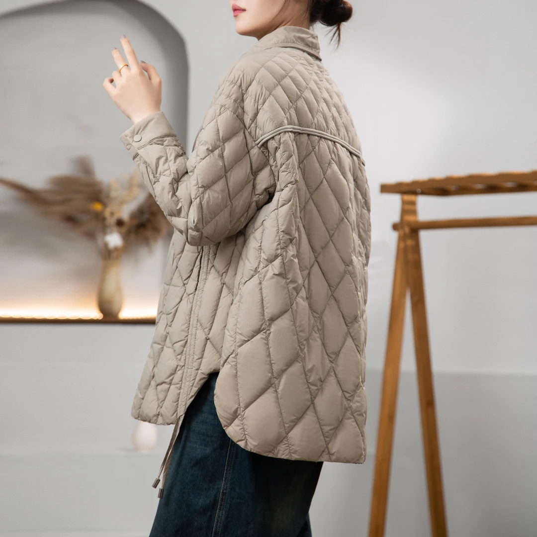 羽绒服冬季90白鸭绒女时尚衬衫款菱格翻领外套H2266