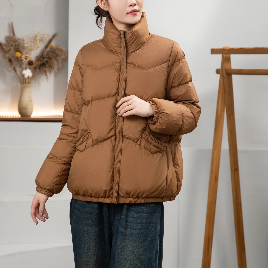 2023冬季新款女装羽绒服长袖纯色单件90白鸭绒中厚款女立领外套