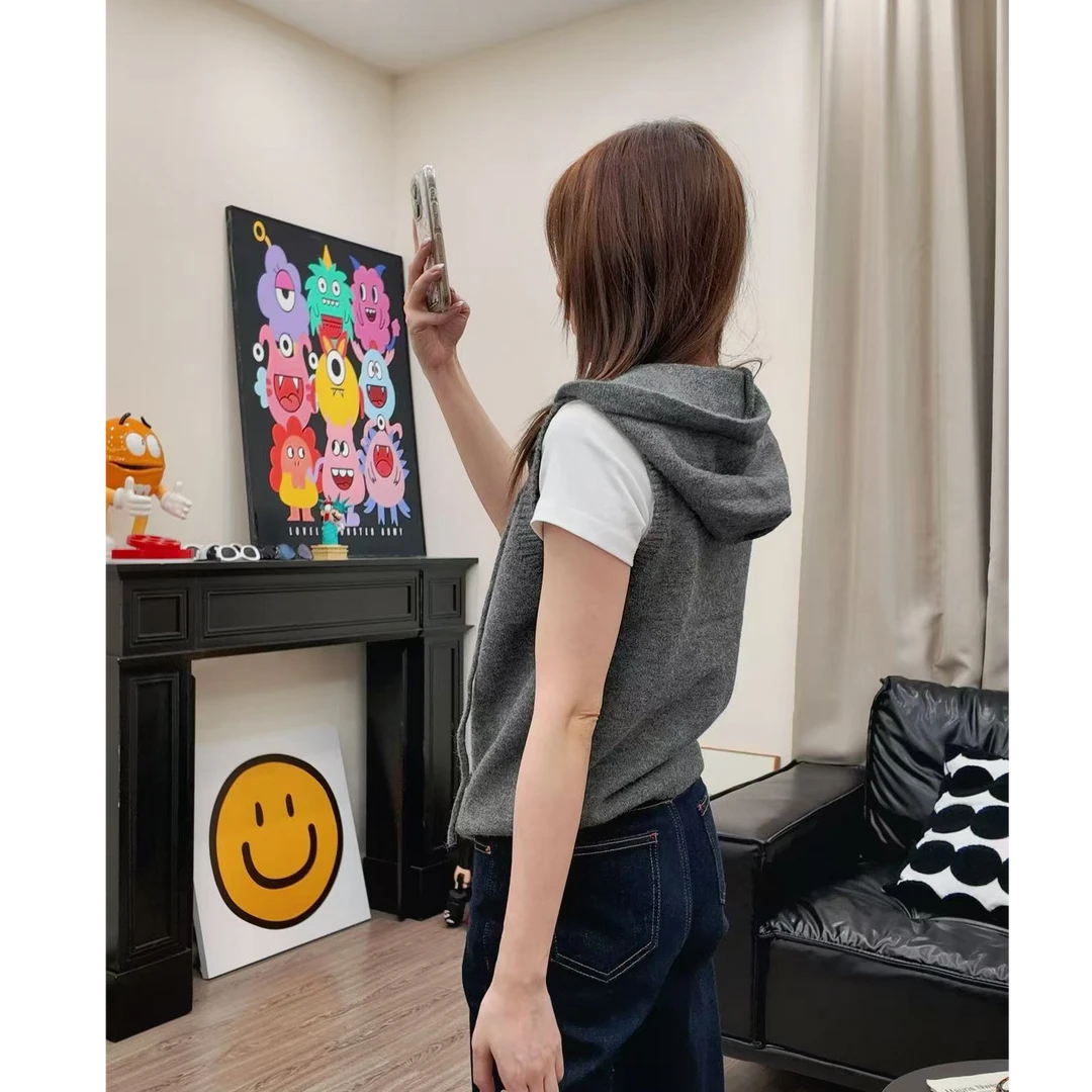 秋季针织连帽马甲休闲宽松双拉链背心上衣#5810