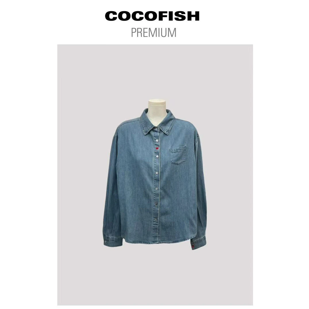 浅蓝色POLO领爱心刺绣休闲百搭长袖牛仔衬衫#220