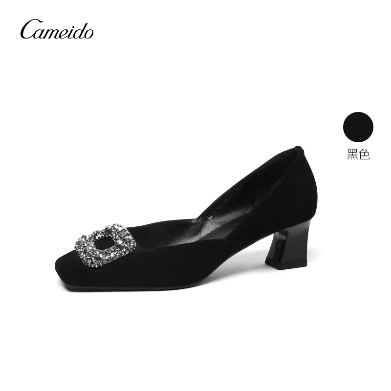 Cameido/卡美多黑色粗跟时尚方头中跟粗跟单鞋通勤百搭方扣24773