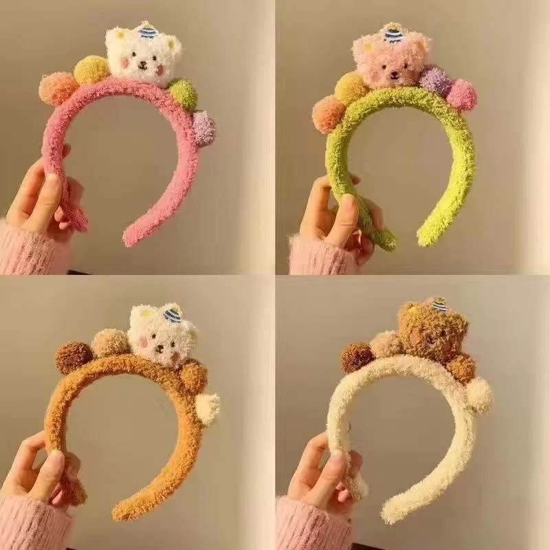 多巴胺毛绒可爱小熊洗脸发箍女化妆毛绒发捆头箍头饰秋冬新款头箍