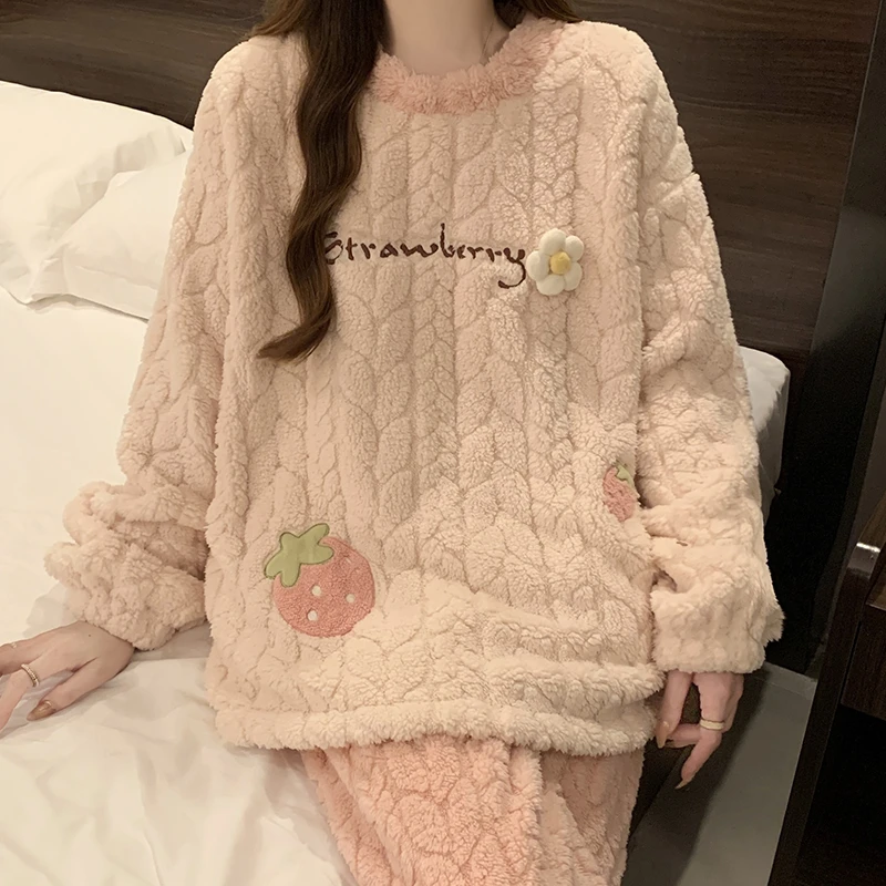 珊瑚绒睡衣女秋冬季2024年新款加厚冬天小清新网红风家居服两件套