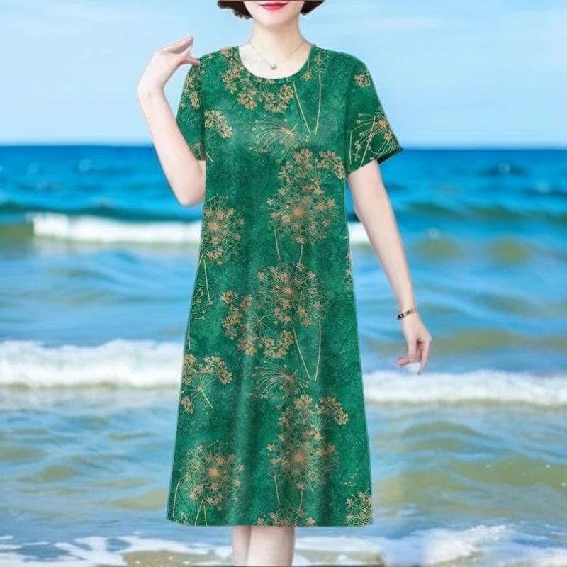 新款夏季妈妈装气质宽松显瘦中老年遮肚洋气印花大码时尚连衣裙
