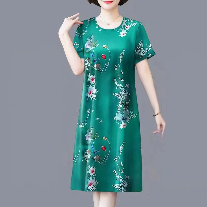 夏季中老年显瘦冰丝休闲妈妈装中长款宽松气质时尚印花遮肚连衣裙