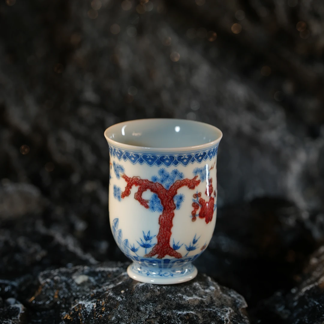 屹朴堂青花釉里红松竹梅闻香杯品茗杯手工手绘文人茶器高端茶具