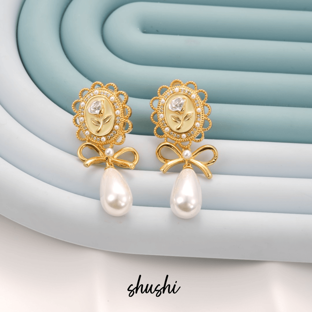 铜合金仿珍珠耳饰 手工气质轻奢时尚复古法式优雅素款耳环