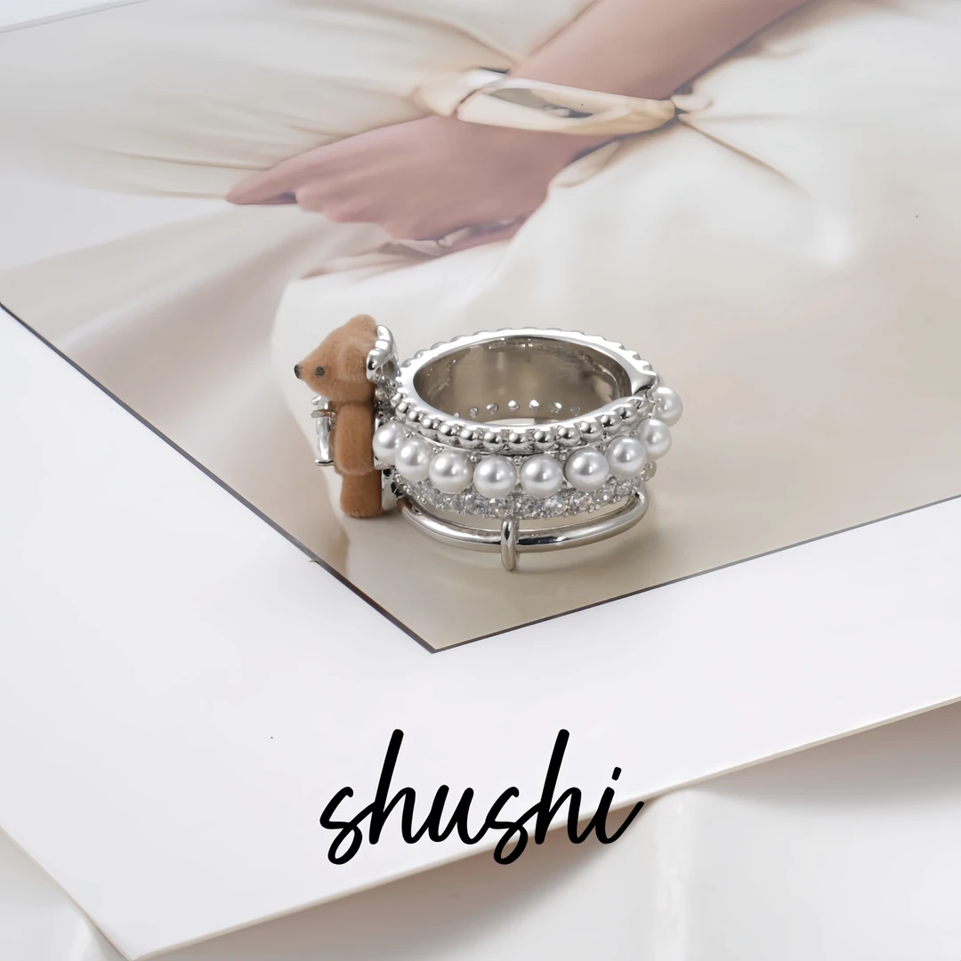 铜合金锆石戒指 时尚百搭可爱小熊镶嵌轻奢个性戒指7086