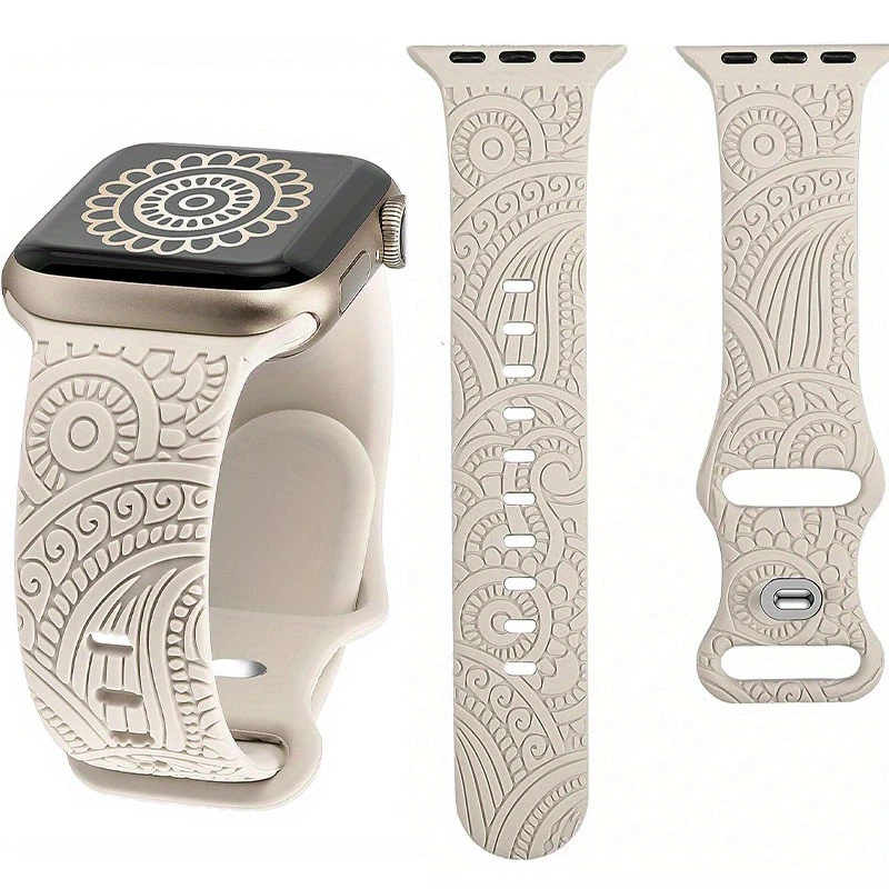 适用AppleWatch柔软iwatch硅胶镭雕运动表带苹果S9雕刻腰果花腕带