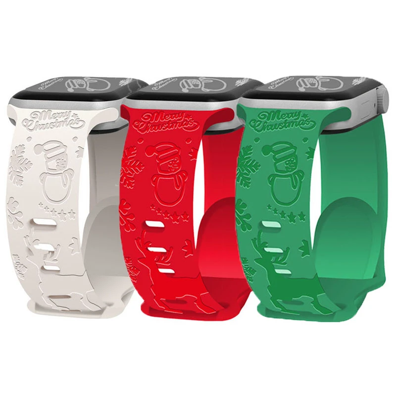适用AppleWatch表带iwatch圣诞镭雕压花表带苹果S9运动硅胶手表带