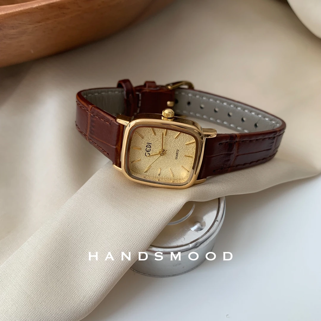 handsmood 方形真皮复古风时尚潮流韩风小众女士石英手表女表
