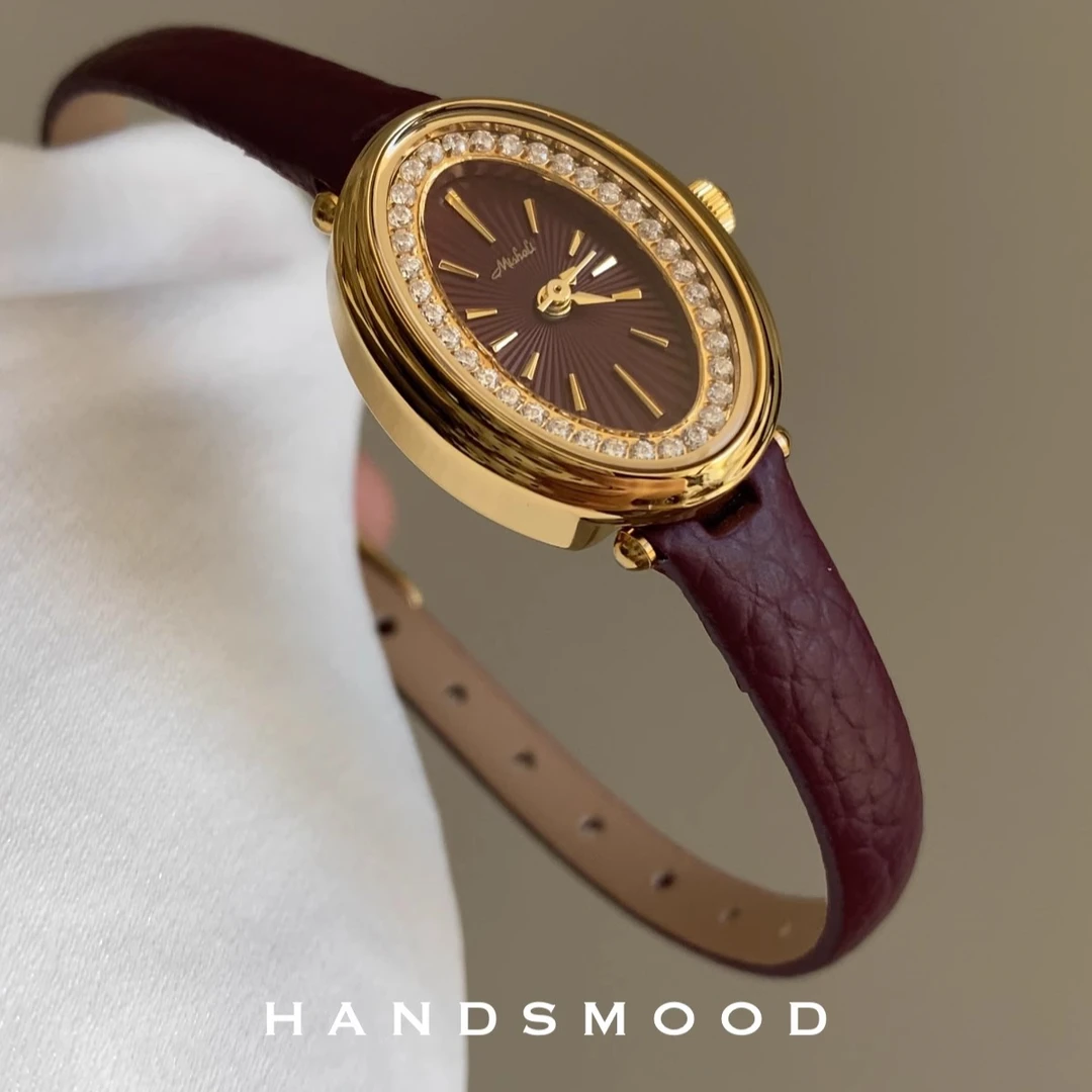 handsmood 椭圆镶钻迷你小众安可拉红真皮女石英手表复古女表416