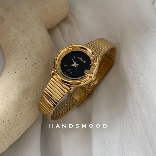 handsmood圆形金色高级感竹节带轻奢小众女表ins石英手表女士腕表