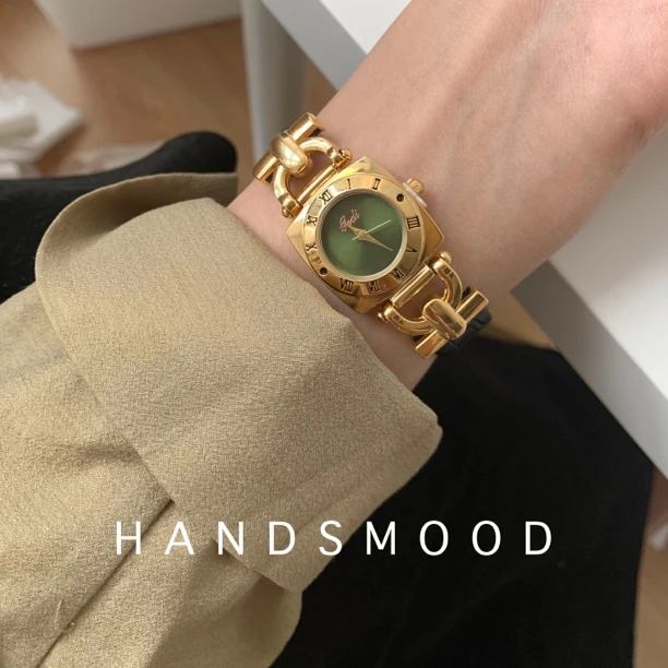 handsmood 中古风真皮高级感小众轻奢潮流气质女士石英手表