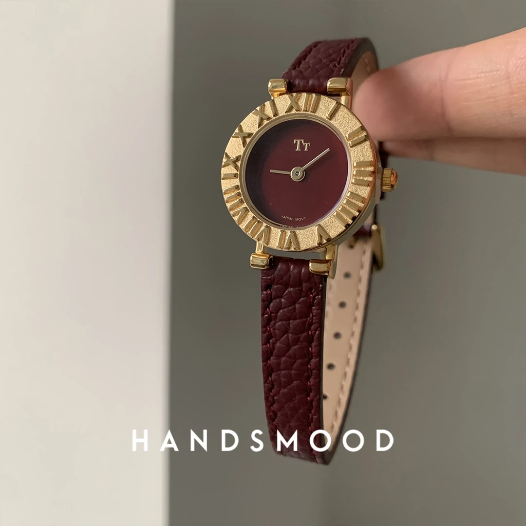 handsmood 安可拉红浮雕设计感秋冬显白时尚气质真皮女士手表