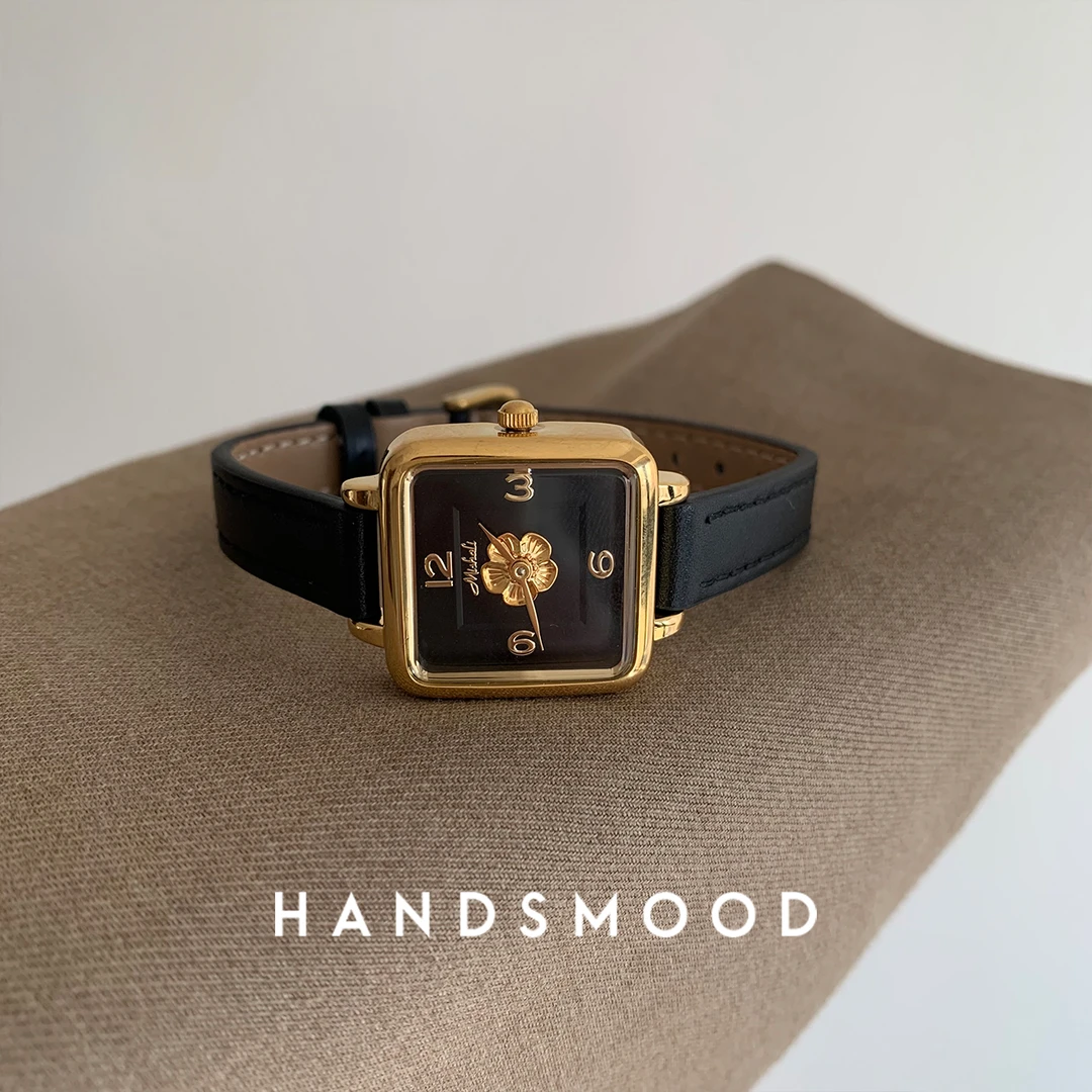 handsmood 山茶花方形精致复古小众时尚百搭气质真皮女士手表