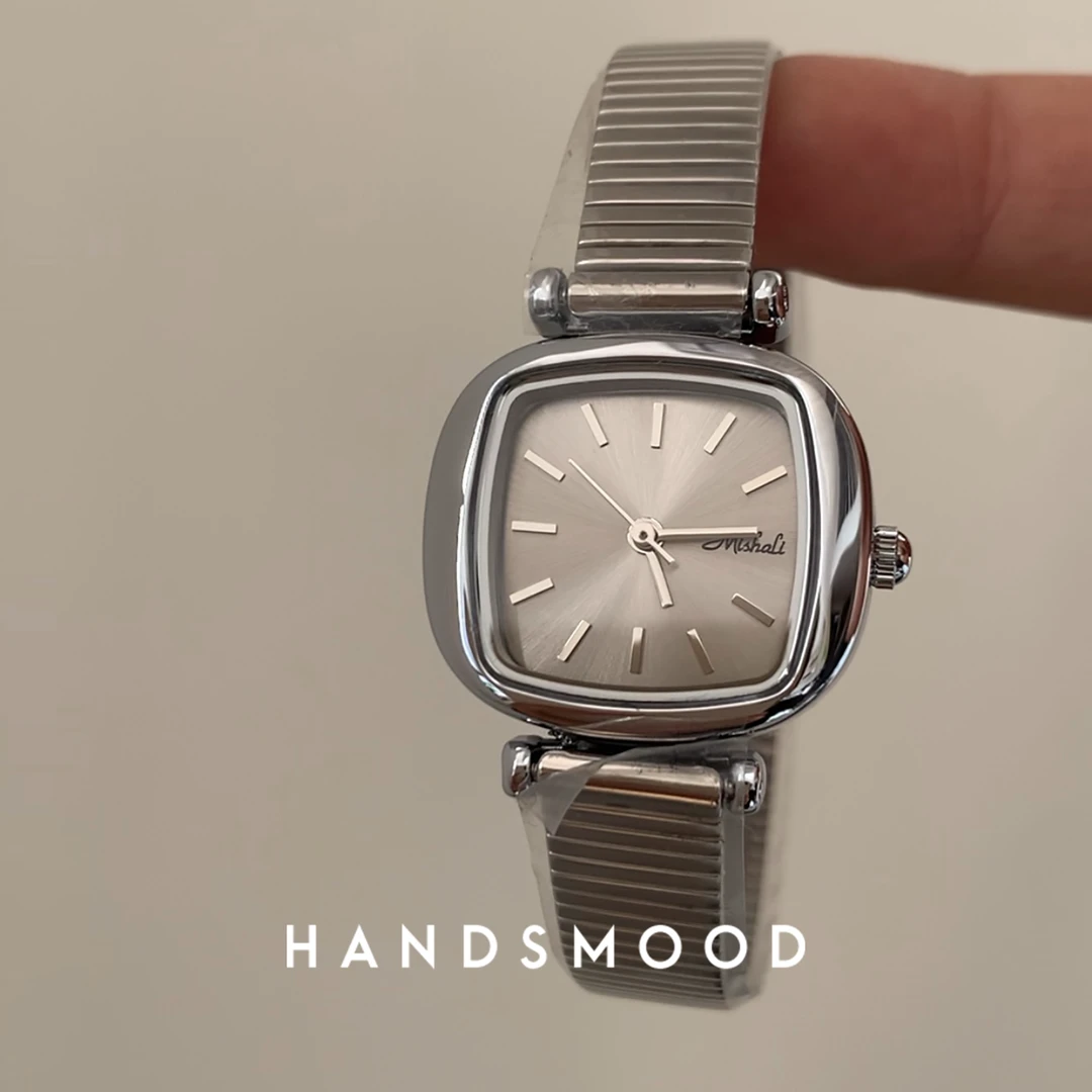 handsmood 银灰色方形小表盘竹节带简约时尚气质通勤女士手表