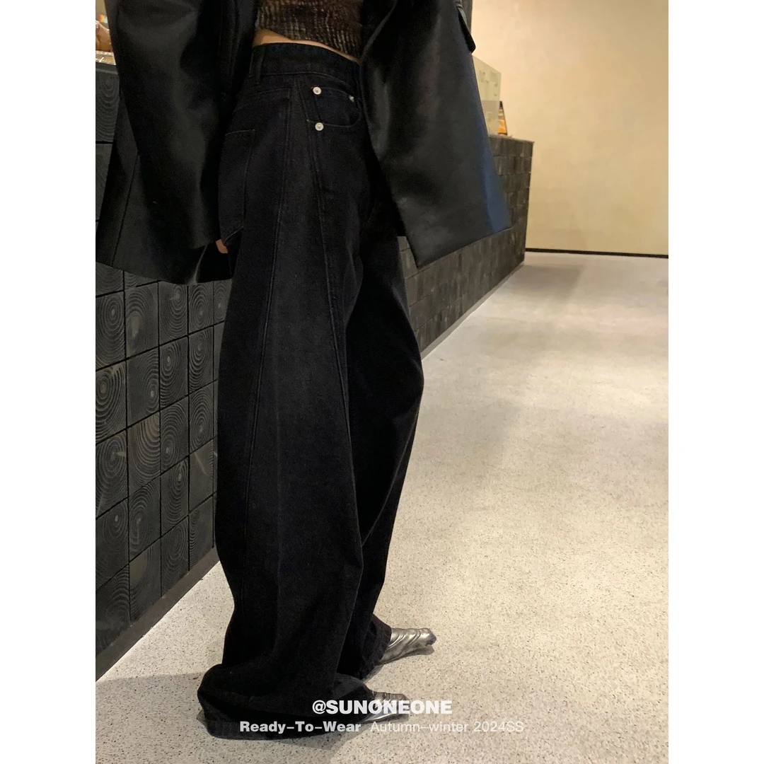 SUNONEONE H0425K 拼接宽松直筒牛仔裤女秋季黑色百搭显瘦休闲裤