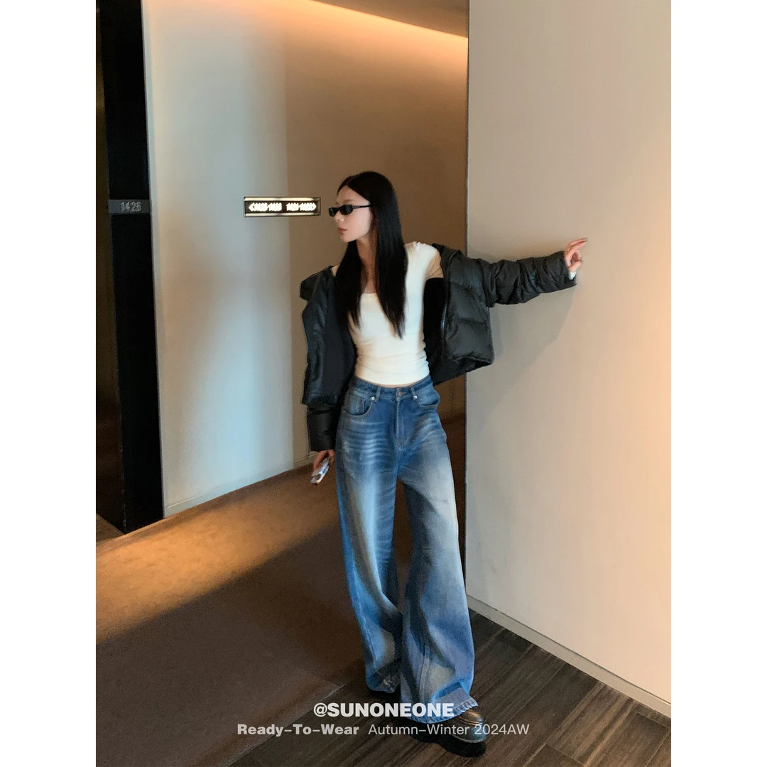 SUNONEONE 直筒宽松牛仔裤女秋冬阔腿复古显瘦水洗蓝长裤H0653K