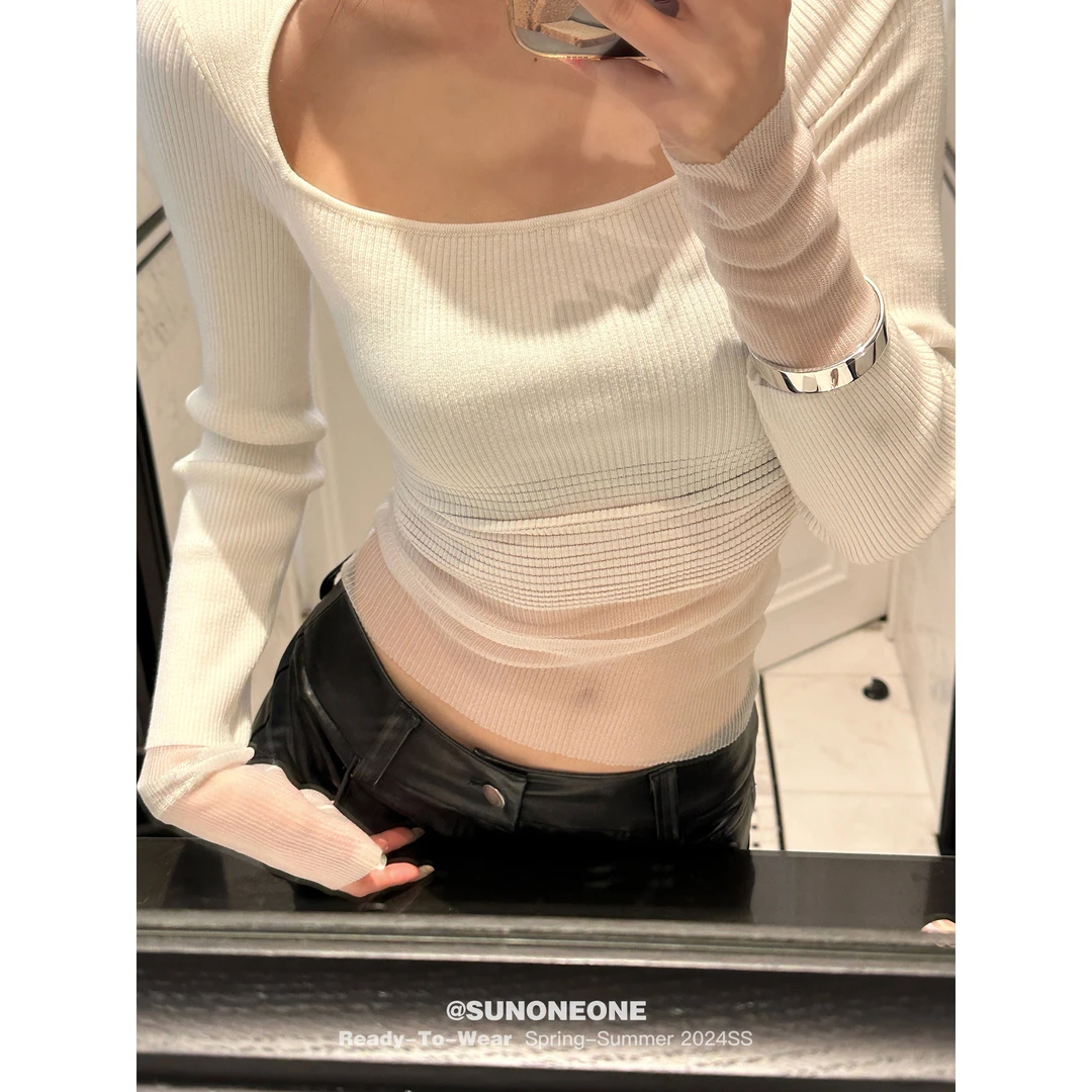 SUNONEONE H0502Z渐变拼接打底衫女秋辣妹性感纯欲网纱长袖针织衫