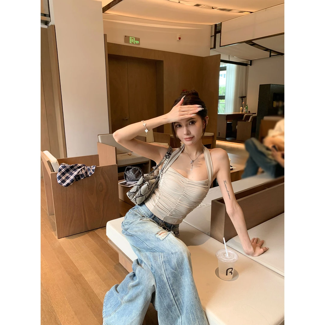 SUNONEONE    H0248D   收腰褶皱挂脖吊带夏