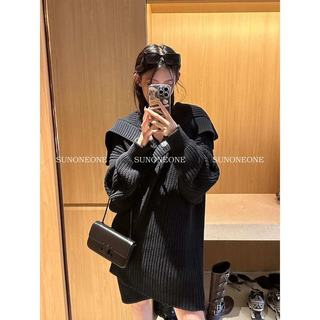 SUNONEONE 慵懒风黑色翻领毛衣外套女春秋宽松针织开衫HM11104