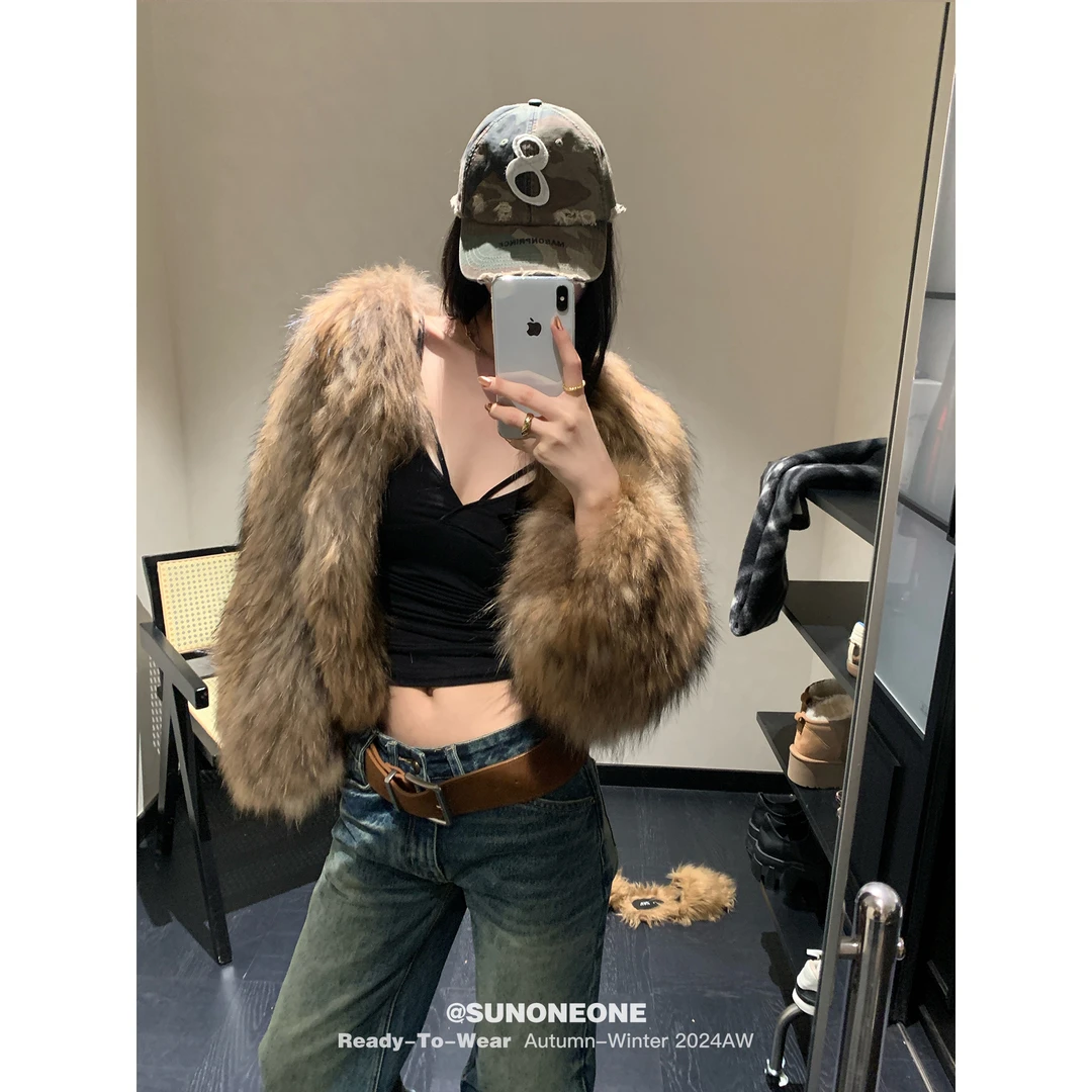 SUNONEONE 真貉子毛短外套女冬宽松保暖气质毛毛上衣H0569W