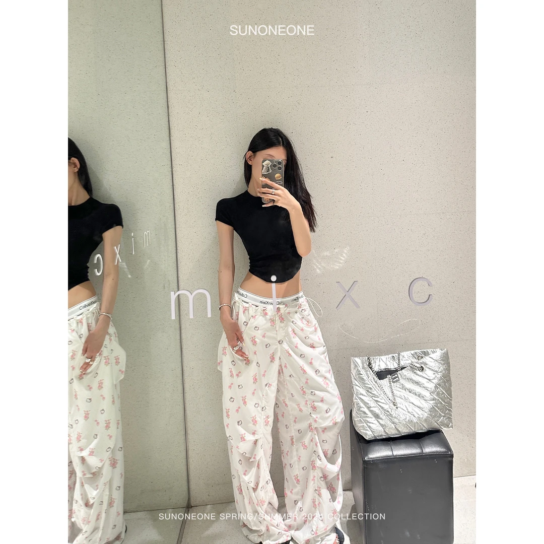 SUNONEONE 碎花工装裤女宽松直筒薄款印花休闲裤