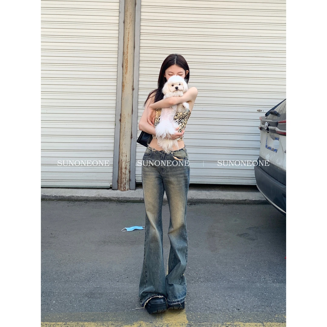 SUNONEONE 美式复古微喇叭牛仔裤女低腰毛边拖地阔腿裤HK11274