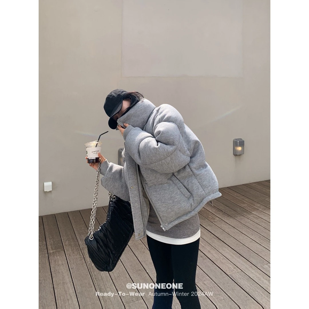 SUNONEONE 纯色粗棒针羽绒服女冬季90白鸭绒立领棉服外套H0579A