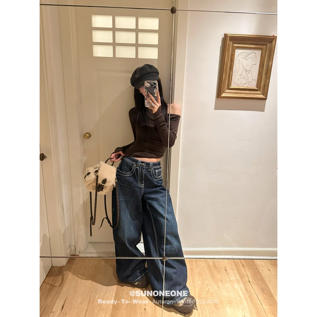 SUNONEONE 阔腿宽松牛仔裤女秋冬直筒低腰复古蓝色显瘦长裤H0680K